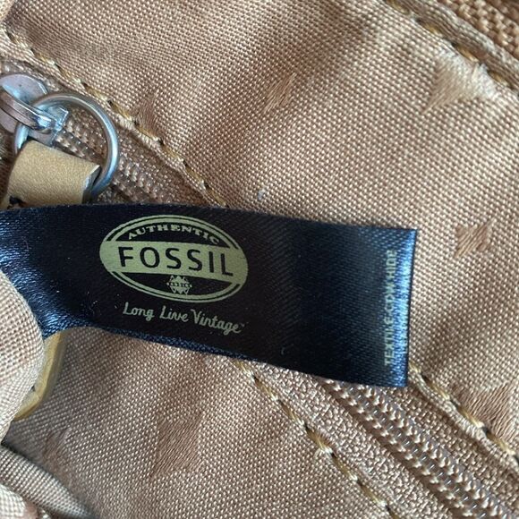 VTG Fossil Tan Leather Canvas Geometric Patterned Crossbody Bag Boho Retro NWOT - Picture 10 of 11